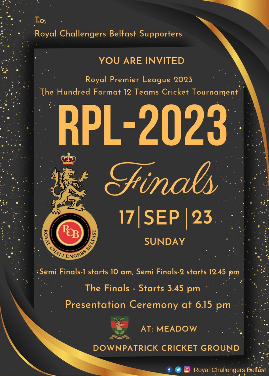 𝐑𝐂𝐁'𝐬 👑 𝐑𝐨𝐲𝐚𝐥 𝐏𝐫𝐞𝐦𝐢𝐞𝐫 𝐋𝐞𝐚𝐠𝐮𝐞-𝟐𝟎𝟐𝟑 🏆 𝐅𝐢𝐧𝐚𝐥𝐬 

We’ve got food, drinks, and great company; all we need is you 👉 RCB's Supporters , Please consider this as our personal invitation and grace the occassion 🙏.

#royalpremierleague2023 #rcbbelfast