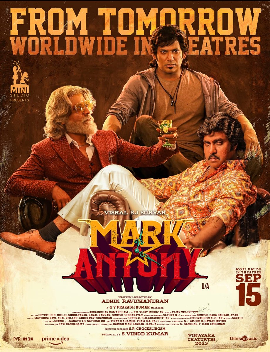 ministudiosllp's tweet photo. Get ready to experience double the entertainment with #MarkAntony in cinemas worldwide from tomorrow! 🥳🔥

Book Your tickets now! 

https://t.co/nqPLpHjM0S

#MarkAntonyFromTomorrow
#WorldOfMarkAntony

A @gvprakash massacre 

@VishalKOfficial @iam_SJSuryah 
@vinod_offl https://t.co/dU0BUq1GZW