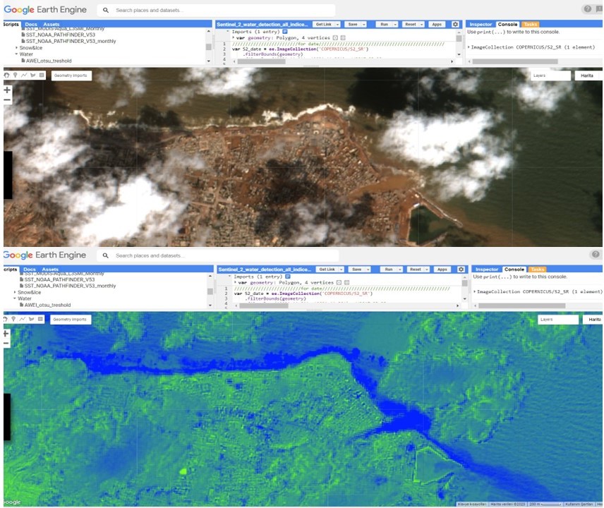 Libya #Derne'de meydana gelen sel afeti için yapmış olduğum çalışma ektedir. Sentinel-2 görüntüsü kullanılmıştır. Suyun kumla karışması ve yoğun bulut tespiti zorlaştırsada kullanılan indeksin kısmende olsa başarılı olduğu görülmüştür. #GoogleEarthEngine