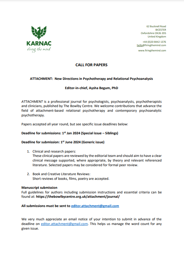 Call for papers! Attachment journal is looking for submissions – see below for details or visit bit.ly/3QpQgwp to learn more about the journal and subscribe. #TherapistsConnect #attachment #callforpapers #journal @Bowlby_Centre