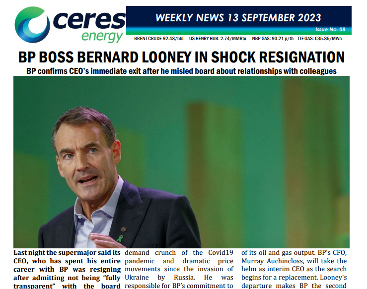 The Ceres Energy weekly news covers the big energy stories like the BP CEO's resignation, but also focuses on biomethane - this week covering a report from GNI on the huge potential of biomethane in the Republic of Ireland. 

Read here: bit.ly/3Rmk297
