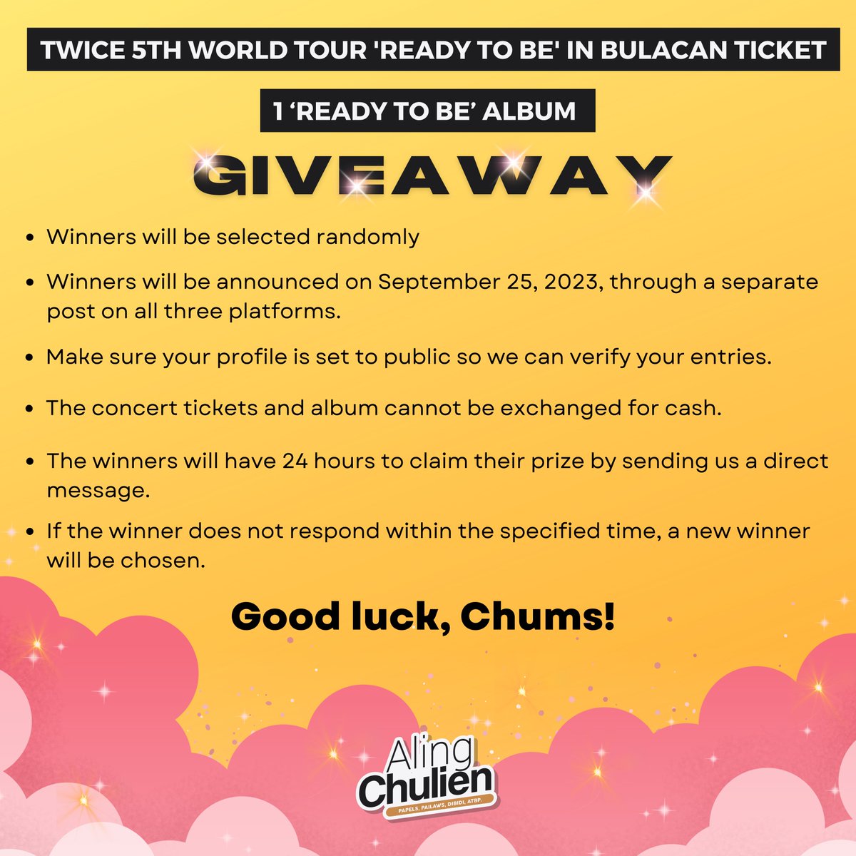chulien07's tweet photo. Do you ✨fancy✨ attending the TWICE 5TH WORLD TOUR 'READY TO BE' IN BULACAN? Yes or yes? Then this giveaway is for you! 😉

JOIN THE GIVEAWAY AND GET A CHANCE TO WIN A TWICE 5TH WORLD TOUR 'READY TO BE' IN BULACAN TICKET AND ONE 'READY TO BE' ALBUM! ✨ https://t.co/Gnt925LJHJ