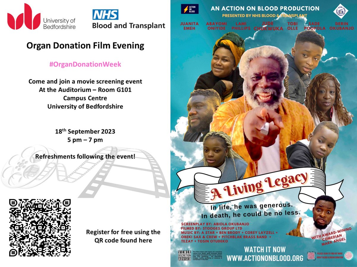 📽️ Come along to the @uniofbeds #Luton campus next Monday (18th Sept) to take part in a movie screening #event examining the experiences of black organ donors & recipients as part of #OrganDonationWeek & @uob_ihr's work to increase #OrganDonation in minority ethnic communities 👏