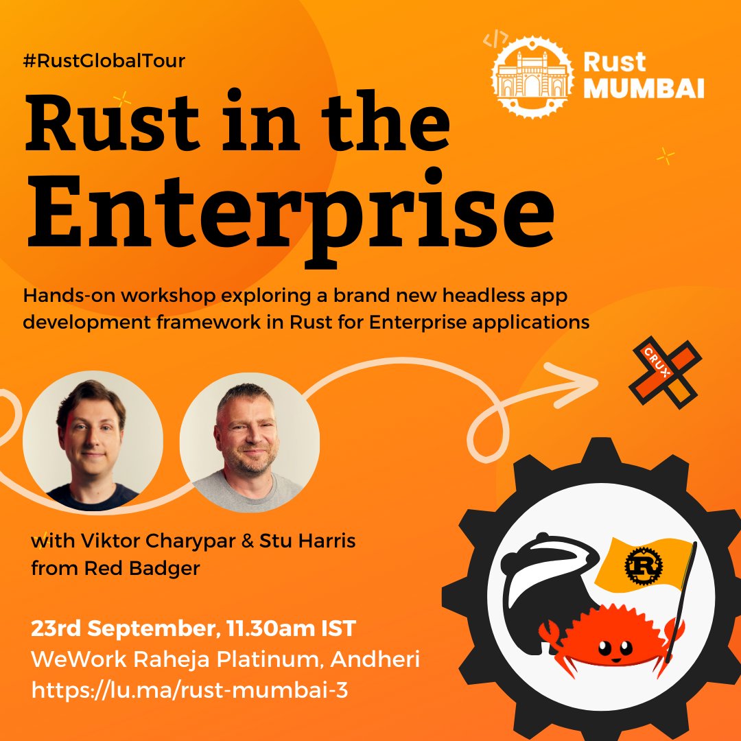 HUGE News! We're taking #RustLang on a GLOBAL TOUR! 🌎🛫

Together with @RustMumbai & @RustLondon_ we're excited to showcase our headless #appdev framework, CRUX in a hands-on workshop #Meetup 23/09 🇬🇧🇮🇳

📝 bit.ly/3LpppR8

@RustTrending @rust_foundation @RustNationUK