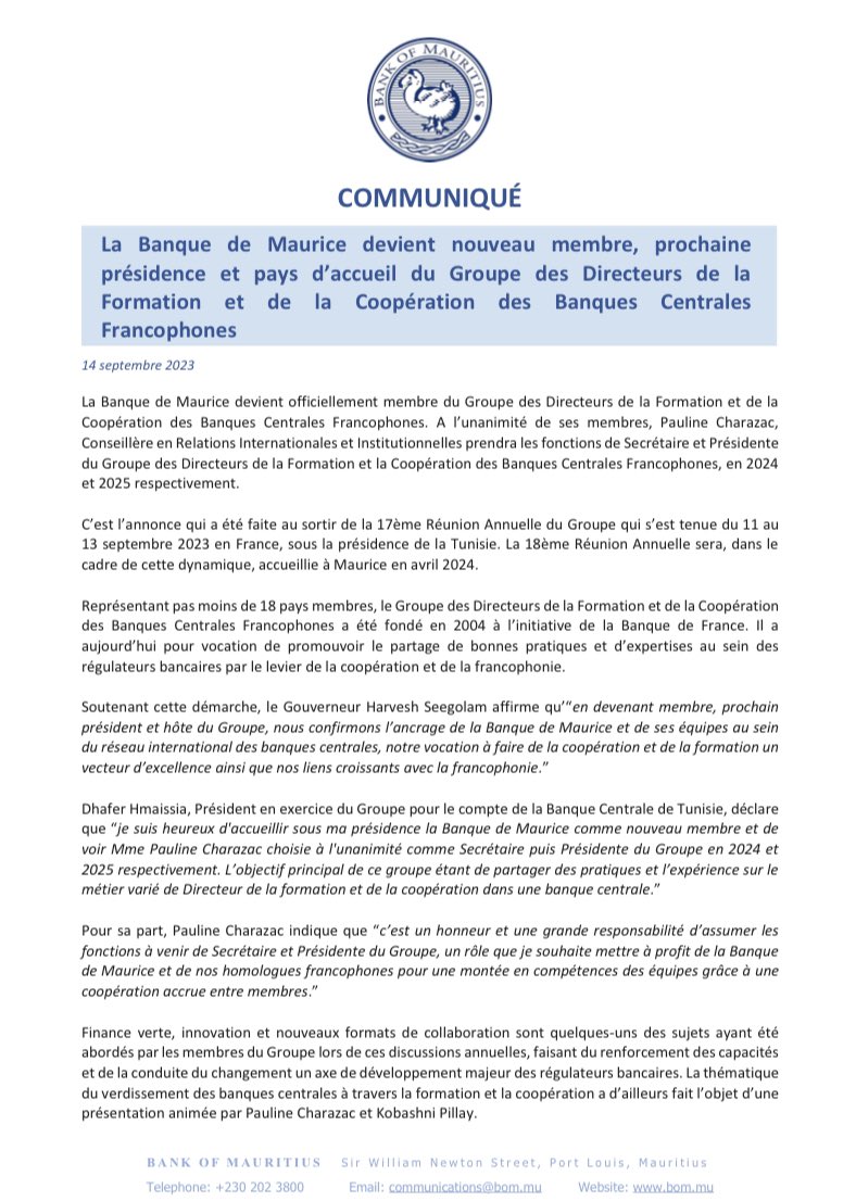 BoM_Mauritius's tweet photo. La Banque de Maurice devient officiellement membre du Groupe des Directeurs de la Formation et de la Coopération des Banques Centrales Francophones. Plus d’infos sur le https://t.co/CamOr3ka6z #centralbank #collaboration #cooperation #greenfinance https://t.co/iMOp3jsEx4