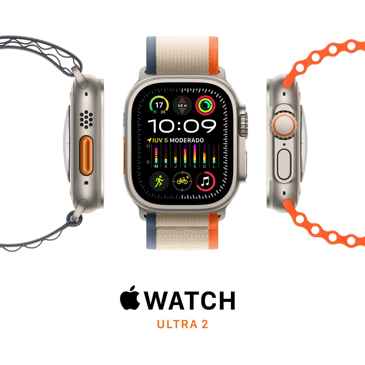 Ktuin's tweet photo. Nuevo Apple Watch Ultra 2.
 
▪️La pantalla más grande y brillante en un Apple Watch.
▪️Hasta 17 horas de autonomía en entrenamientos con el modo de bajo consumo. 
▪️Gesto de doble toque para interactuar con el reloj sin usar la pantalla.

#applewatchultra #ktuin #apple https://t.co/JsDcBfbNJh