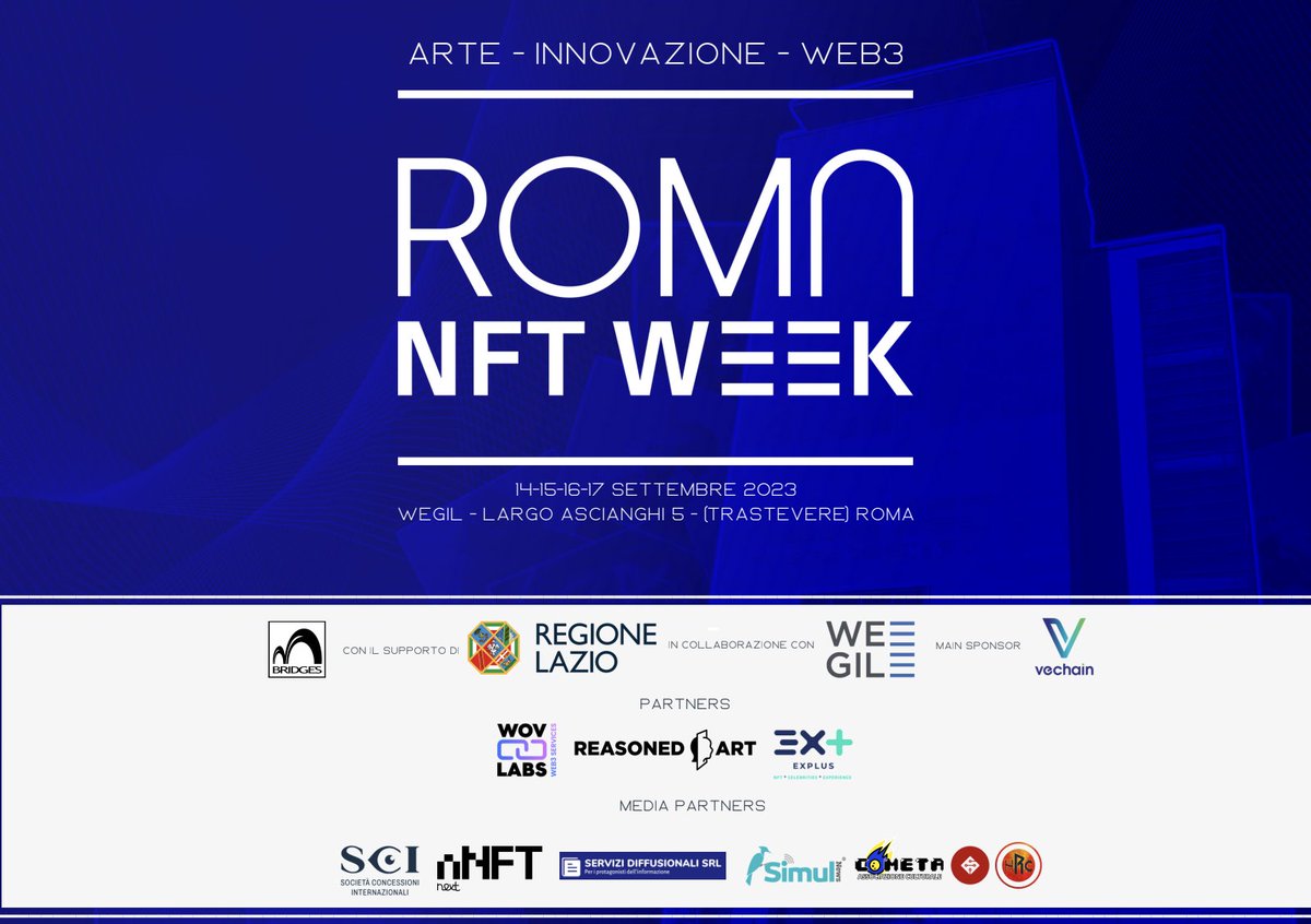 GM 💜

- Today is <a href="/romanftweek/">#RomaNFTWeek… 25 ⏳</a> day!

Kick-off at 3pm CEST at Palazzo WeGil, Rome.  

Prepare yourself for a long weekend full of exciting exhibitions and vibrant discussions focusing on Web3, digital art, NFT technology, and blockchain.

A big shout-out to <a href="/RegioneLazio/">Regione Lazio</a> for the
