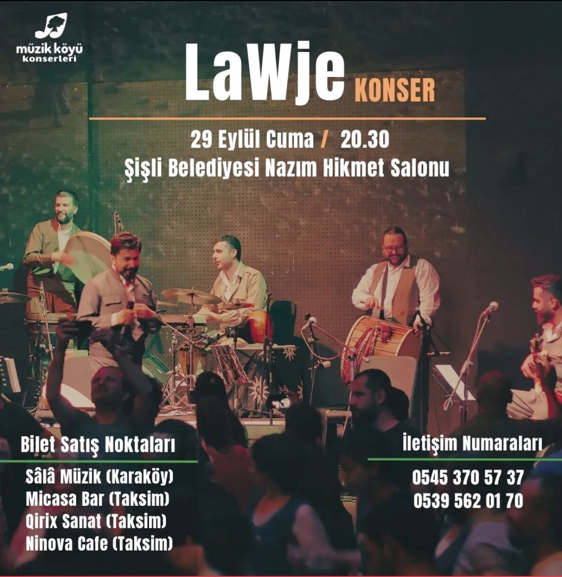 Konserên me yên heyv/meh a payîzê li Stenbol detpê diketin.
Bi stran û rengên xwe ve em dê li hîviya we bîn.
#lawje #konser #payîz #stenbol #istanbul 
<a href="/LawjeOfficial/">LaWje</a> 
<a href="/muzikkoyu/">Müzik Köyü</a>