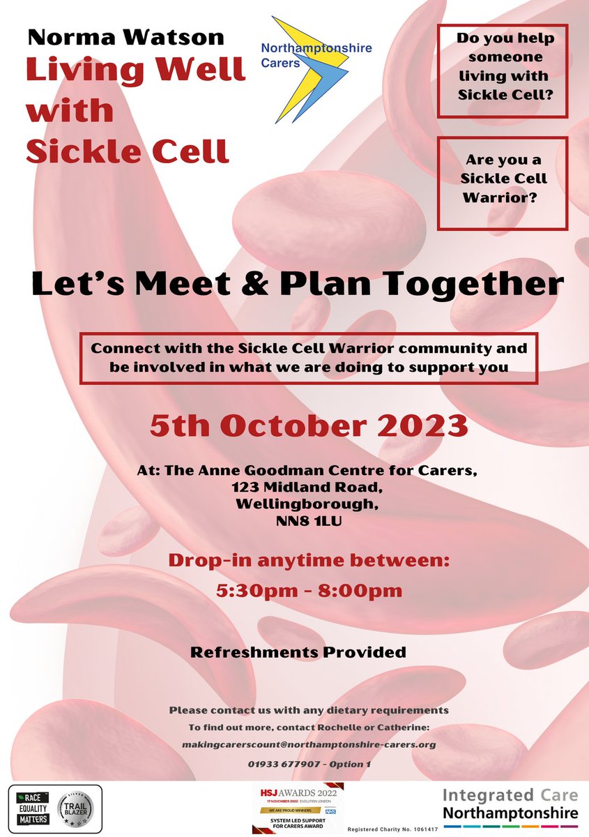 Do you help or support someone living with Sickle Cell? Are you a Sickle Cell Warrior? Help us plan to support you moving forward on Thurs 5th Oct 5.30pm - 8pm, refreshments provided 01933 677907, opt 1 or makingcarerscount@northamptonshire-carers.org #carersupport #sicklecell