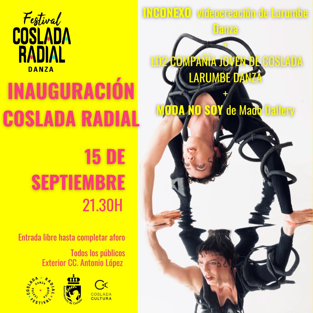 Os dejamos el programa del viernes 15-sep-2023 <a href="/cosladaradial/">Festival Coslada Radial</a>.
#indubioteatro <a href="/LarumbeDanza/">Larumbe Danza</a> #madodallery

#ENTRADALIBRE A TODAS LAS ACTIVIDADES DE <a href="/CosladaRadial/">Festival Coslada Radial</a> 
Necesario reservar invitación para #unacrónicadeviolencia en giglon.com/todos?idEvent=… 
<a href="/Ayto_Coslada/">Ayuntamiento de Coslada</a> <a href="/CosladaCultura/">CosladaCultura</a>