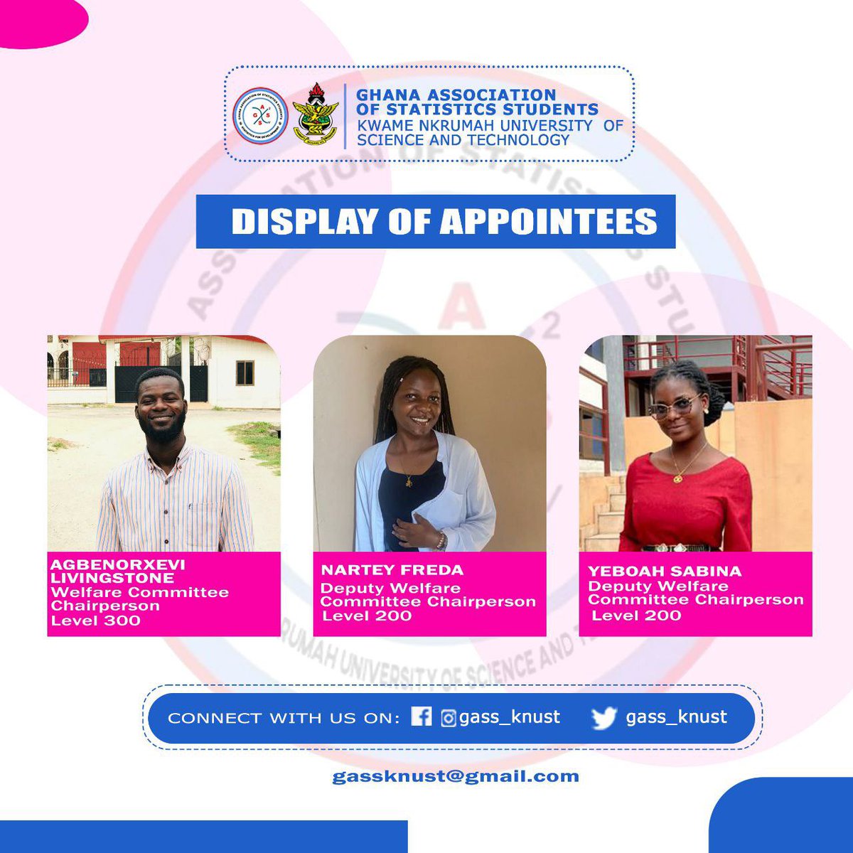 gass_knust's tweet image. 8️⃣DISPLAY OF APPOINTEES🔵

Here are our Executives

WELFARE COMMITTEE CHAIRPERSON

Master Agbenorxevi Livingstone - Head 

Ms Freda Nartey -Deputy 

Ms Yeboah Sabina -Deputy

Congratulations 🎉

#StatisticsforDevelopment