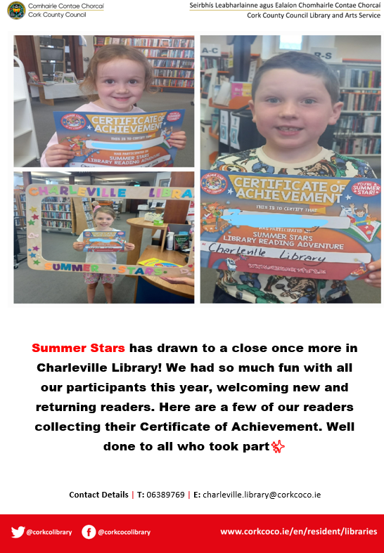 corkcolibrary's tweet photo. Summer Stars champions proudly receiving their Certificate of Achievement awards at #Charlevillelibrary! Well done to all!
#righttoread https://t.co/5h0tP4QNID