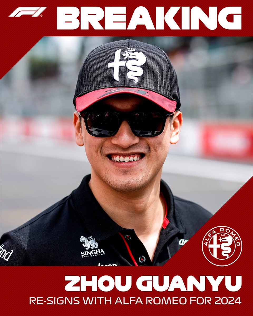F1's tweet photo. BREAKING: Zhou Guanyu re-signs with Alfa Romeo, confirming an unchanged line-up for the team for the 2024 season

#SingaporeGP #F1 @ZhouGuanyu24 @alfaromeostake https://t.co/NiYnxikbky