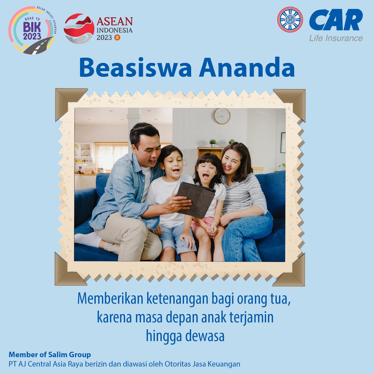 CARLife_ID's tweet photo. Tidak perlu khawatir akan masa depan anak, persiapkan saja dengan Beasiswa Ananda.
Orang tua tenang, masa depan anak terjamin hingga dewasa
#PahamiPerlindunganMu #CARLifeInsurance #AsuransiPendidikan #Pendidikan #BIK2023 #BulanInklusiKeuangan #InklusiKeuangan #AksesKeuanganMerata https://t.co/zwsq4BxWT0