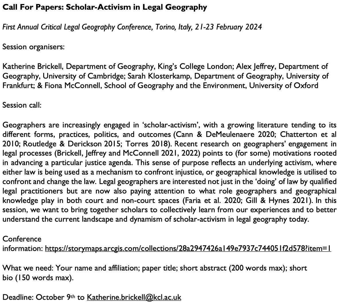 Prof Katherine Brickell (@k_brickell) on Twitter photo CFP: Scholar-Activism in Legal Geography
Join us in 🇮🇹 for the First Annual Critical Legal Geography Conference (21-23 Febr 2024) <a href="/LegalGeoLSA/">Critical Legal Geographies Network</a>
**NB. very much open to scholars who do not necessarily identify as a 'legal geographer'**
#legalgeography #justice #scholaractivism CFP: Scholar-Activism in Legal Geography
Join us in 🇮🇹 for the First Annual Critical Legal Geography Conference (21-23 Febr 2024) <a href="/LegalGeoLSA/">Critical Legal Geographies Network</a>
**NB. very much open to scholars who do not necessarily identify as a 'legal geographer'**
#legalgeography #justice #scholaractivism