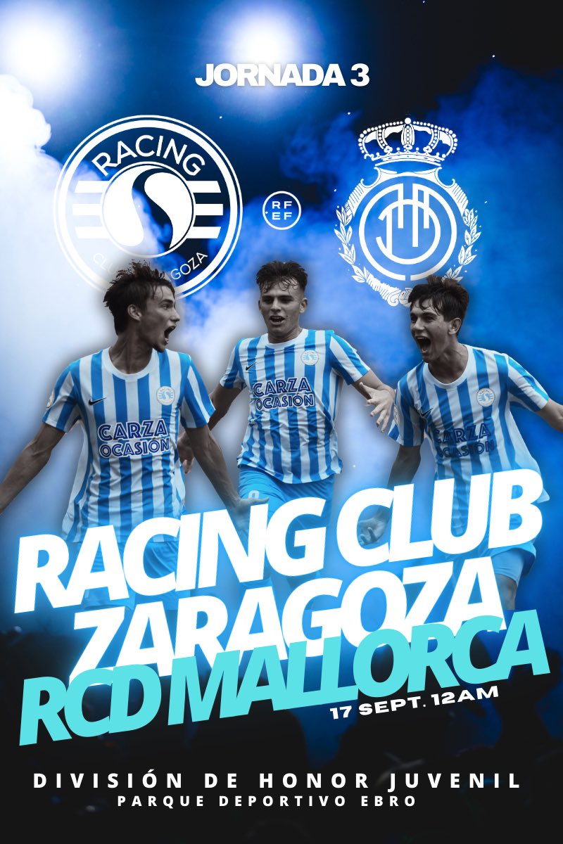 rcdzaragoza's tweet photo. 💙 𝑬𝑳 𝑷𝑨𝑹𝑻𝑰𝑫𝑶 𝑳𝑶 𝑱𝑼𝑬𝑮𝑨𝑺 𝑻𝑼 🤍

⚔️ Racing Club Zaragoza - RCD Mallorca. Jornada 3 de División de Honor Juvenil. 

🏟️ Parque Deportivo Ebro. 

⏰ Domingo a las 12:00 horas.

#SomosRacing 💙⚽️ https://t.co/Id5qFrz4sH
