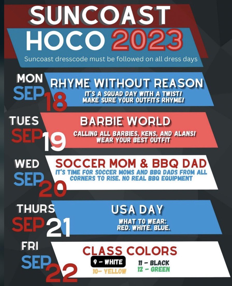 Remember to dress up next week for HOCO spirit week! Bring out all of your spirit, Chargers!