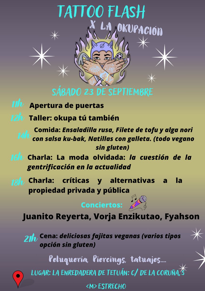 ** TATTOO FLASH X LA OKUPACIÓN **

Por si estabais intrigadxs por las actividades que  va a haber en el evento del ** 23 de Septiembre ** aquí tenéis el cartel!!

Hay Charlas, Talleres, Conciertos, Tatuajes  y mucho más!!

Os esperamos el Sábado 23 Septiembre en <a href="/La_Enre/">La Enredadera</a>