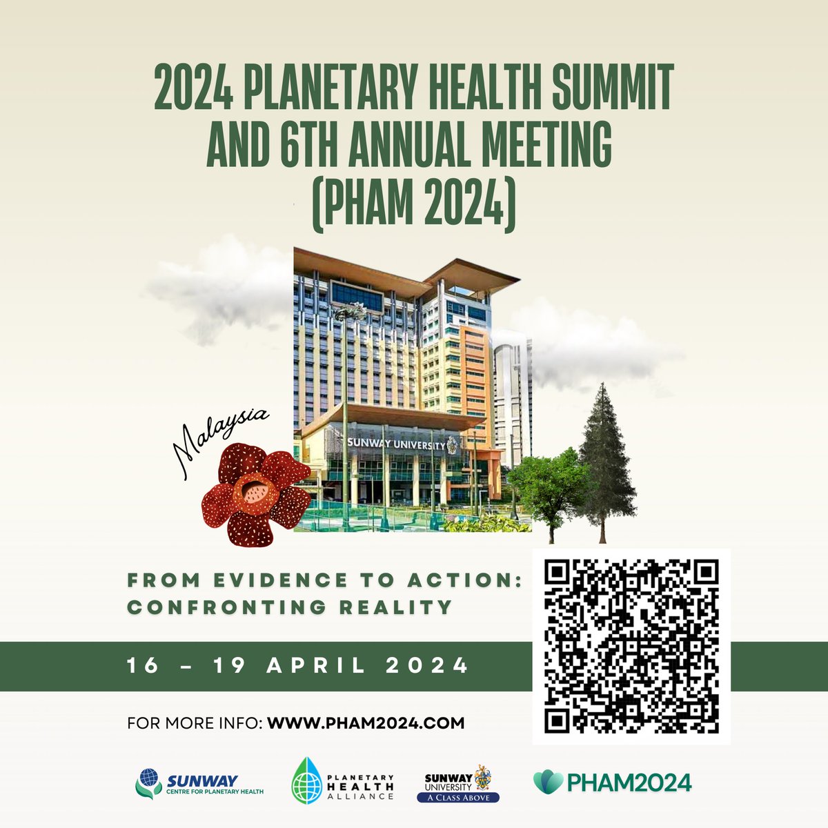 SAVE THE DATE for #PHAM2024 - The 2024 Planetary Health Summit and 6th Annual Meeting! 

Join us in shaping a sustainable future. Mark your calendars for 16 - 19 April 2024! 🗓️ 

#FromEvidenceToAction #PlanetaryHealth 

👇