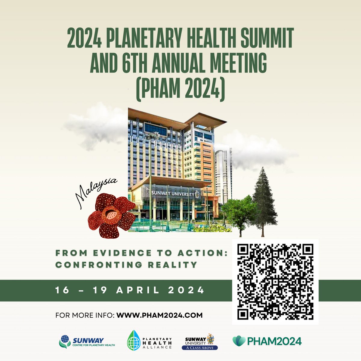 SAVE THE DATE for #PHAM2024 - The 2024 Planetary Health Summit and 6th Annual Meeting! Join us in shaping a sustainable future. Mark your calendars for 16 - 19 April 2024! 🗓️ #FromEvidenceToAction #PlanetaryHealth 👇