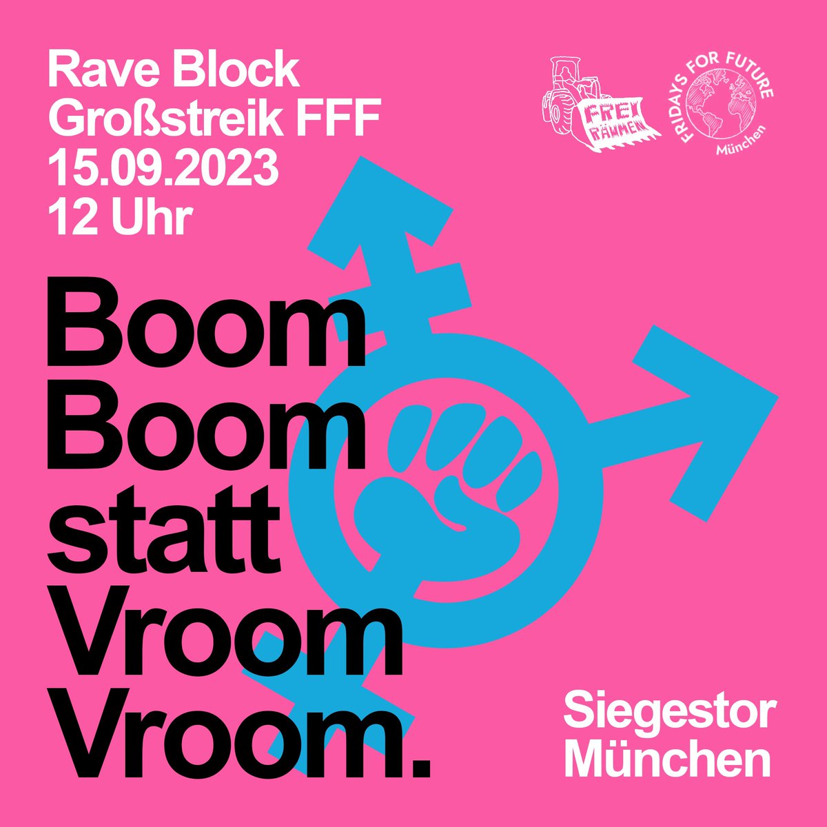Wir unterstützen <a href="/fff_muc/">FridaysForFuture München</a> auf dem kommenden Großstreik am 15.9. und organisieren einen queeren Rave Block.

Bass statt Benzin ist das Motto diesen Monat und hoffen euch zahlreich nach der ereignisreichen Woche rund um die #NolAA und dem Moblitätswende Camp zu sehen!