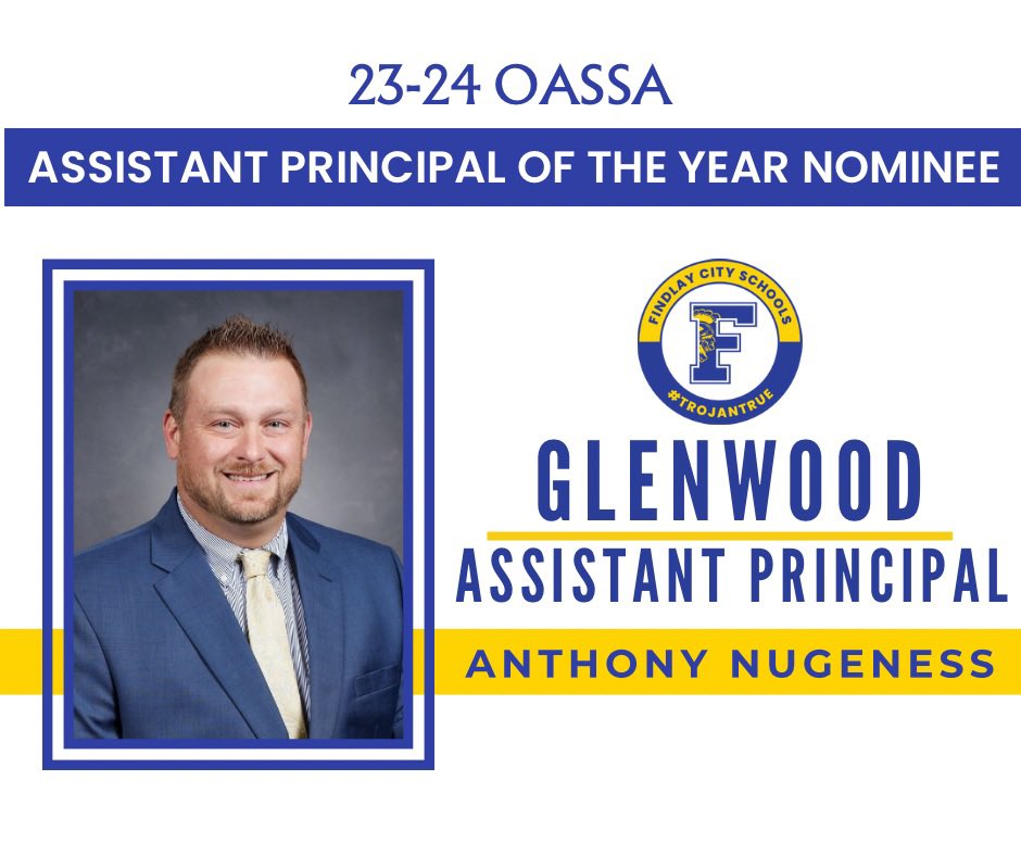 FCSTrojans's tweet image. Findlay City Schools is proud to announce that Anthony Nugeness, Assistant Principal of Glenwood Middle School, has been named as a top nominee for the @OhioPrincipals Assistant Principal of the Year Award. 

Congratulations, Mr. Nugeness!