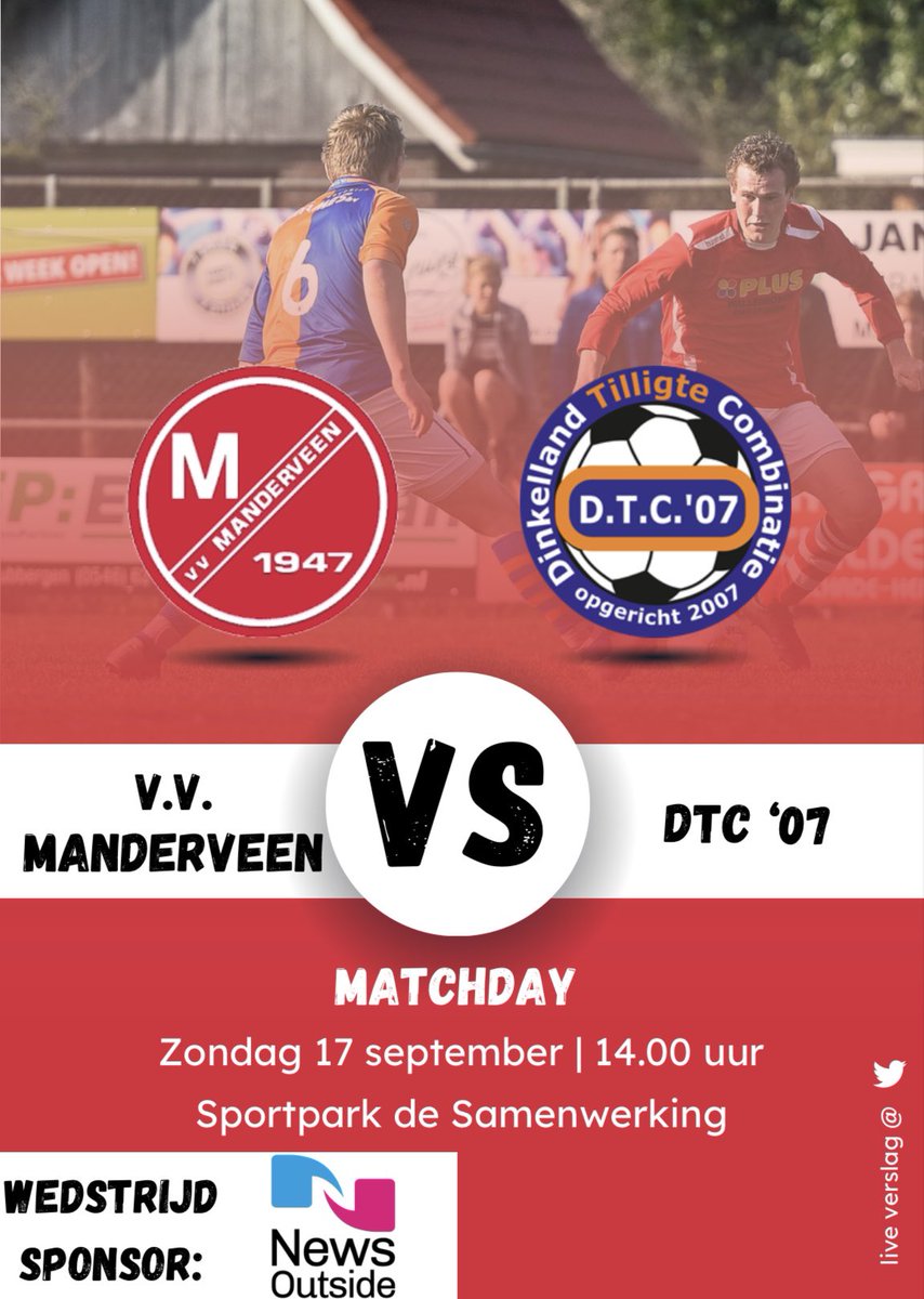 Komende zondag speelt VV Manderveen opnieuw een thuiswedstrijd. <a href="/dtc_07/">DTC '07</a>, waar de afgelopen seizoenen vaker tegen is gestreden, is de tegenstander op Sportpark de Samenwerking. Bij winst lonkt de volgende ronde in het bekertoernooi.

Wedstrijdsponsor is News Outside uit Tubbergen.