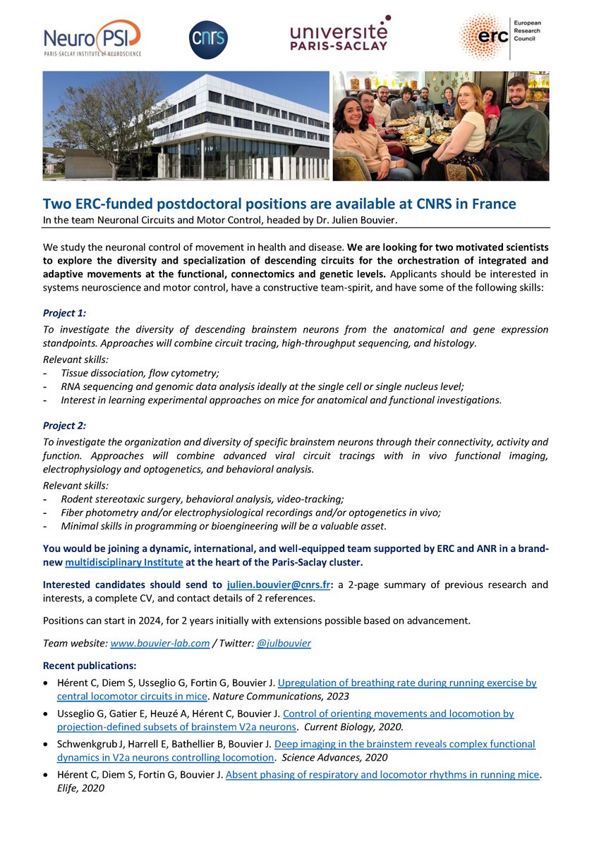 Julien Bouvier (@julbouvier) on Twitter photo 🚨New postdoctoral positions are available in my team <a href="/NeuroPSI_saclay/">Paris-Saclay Institute of Neuroscience</a> <a href="/cnrs/">CNRS 🌍</a> to explore the neural control of movement with full support from <a href="/ERC_Research/">European Research Council (ERC)</a>, in our new and dynamic institute at the heart of <a href="/UnivParisSaclay/">Université Paris-Saclay</a>, 🇫🇷 top university! Please share! shorturl.at/msEK3 🚨New postdoctoral positions are available in my team <a href="/NeuroPSI_saclay/">Paris-Saclay Institute of Neuroscience</a> <a href="/cnrs/">CNRS 🌍</a> to explore the neural control of movement with full support from <a href="/ERC_Research/">European Research Council (ERC)</a>, in our new and dynamic institute at the heart of <a href="/UnivParisSaclay/">Université Paris-Saclay</a>, 🇫🇷 top university! Please share! shorturl.at/msEK3