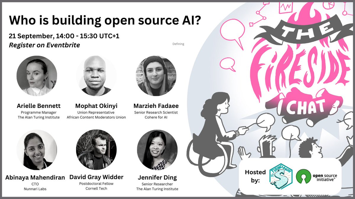 🔥'Who is building open source AI?'🔥 📅 21 September, 14-15:30 UTC+1 Feat. Mophat Okinyi (@ContmoderatorAf), @marziehfadae (@CohereForAI), @freakynut (Nunnari Labs), @davidthewid (@cornell_tech), w/ @biotechchat & @jen_gineered (@turinginst) Sign up: eventbrite.co.uk/e/who-is-build…