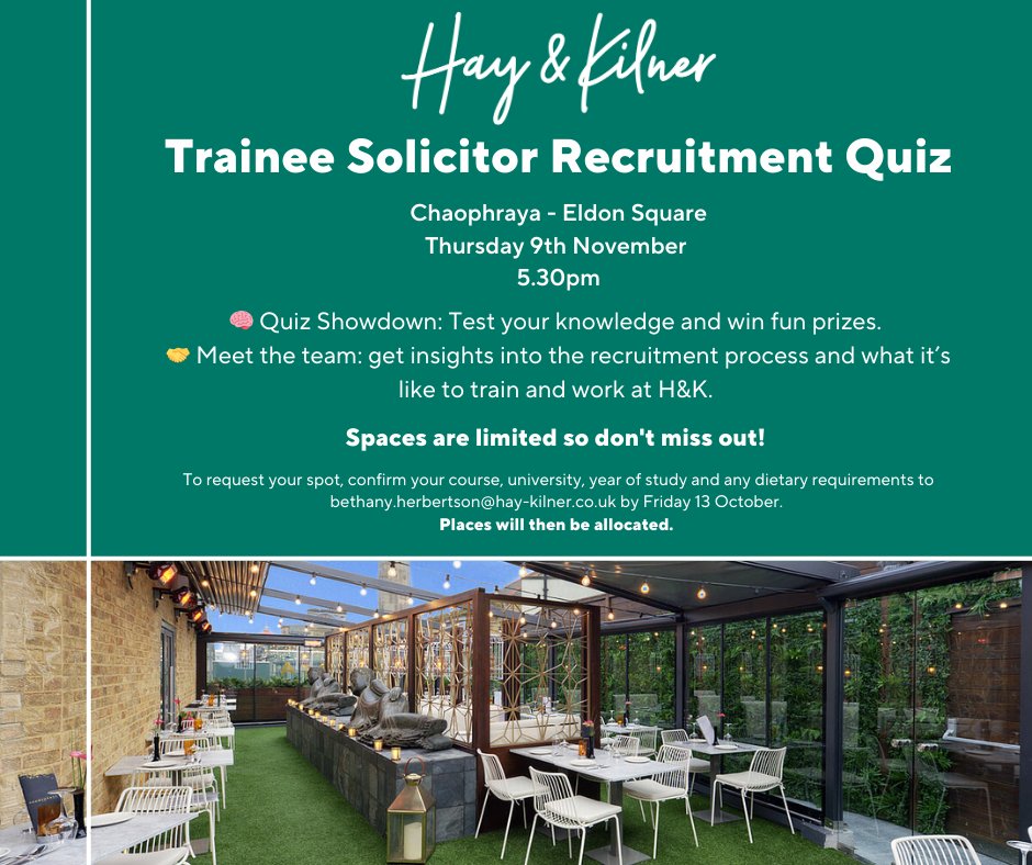 🚀 Unleash your potential at our Trainee Solicitor Recruitment Quiz! 🚀

Join us for an evening of:

🧠 Quiz Showdown: Test your knowledge and win fun prizes.

🤝 Meet the team: get insights into the recruitment process and what it’s like to train and work at H&amp;K.