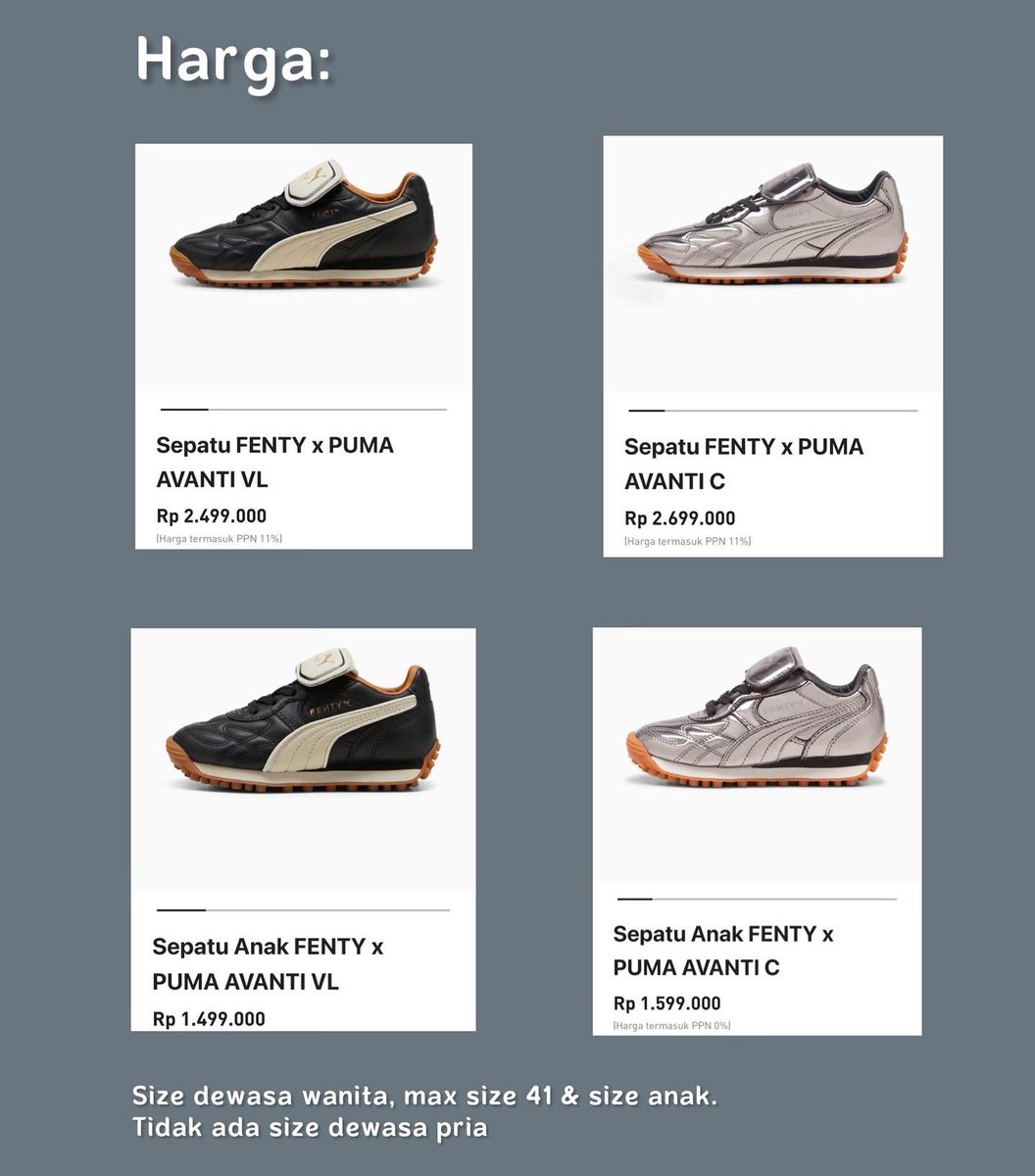 NEWS 🚨 

#PUMAxFENTY Avanti akan dirilis di Indonesia!

- Rilis online, 15 September 2023 
- Rilis offline, 16 September 2023 di store ATMOS Pink <a href="/grandindo/">Grand Indonesia</a> 

Detailnya cek difoto berikut ya! Penjualan exclusive 2 minggu, sehabis itu produk akan langsung ditarik! Lets go Navy!!!