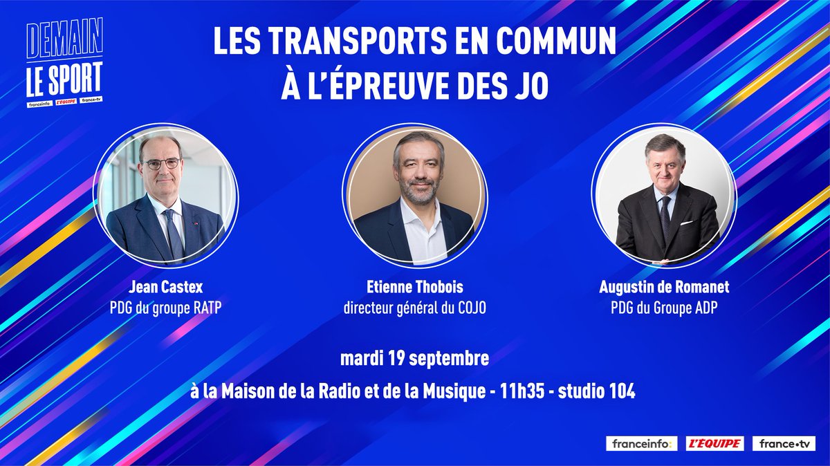 lequipe_pro's tweet image. DEMAIN LE SPORT

Retrouvez @JeanCASTEX, Etienne Thobois (@ethobois) et Augustin de Romanet (@Romanet) pour un échange sur « Les transports en commun à l&apos;épreuve des JO »

📍RDV le 19 septembre
👉Infos et inscriptions demainlesport.fr