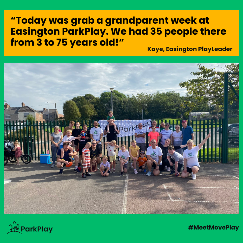 ParkPlayUK's tweet photo. “Today was grab a grandparent week at Easington ParkPlay. We had 35 people there from 3 to 75 years old!”

Kaye in Easington has come up with an initiative to get grandparents involved on a Saturday morning!

ParkPlay really is for people of all ages!

#MeetMovePlay #ParkPlay https://t.co/SsKG7dcIbN