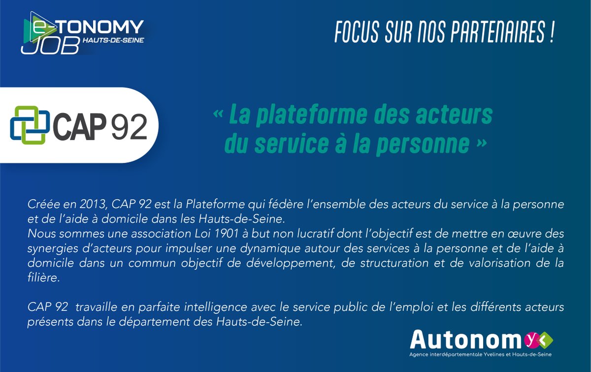 J-18 #ETONOMYJOB Focus sur nos partenaires !

La <a href="/CNSA_actu/">CNSA</a>, @poleemploi_IDF et CAP92 sont partenaires du salon.

Venez les rencontrer le 3 octobre de 9H à 17H à La Défense ! 👀

Pour vous inscrire au salon et rencontrer nos partenaires c'est par ici 👉 etonomy-job7892.vimeet.events/fr/register/73…