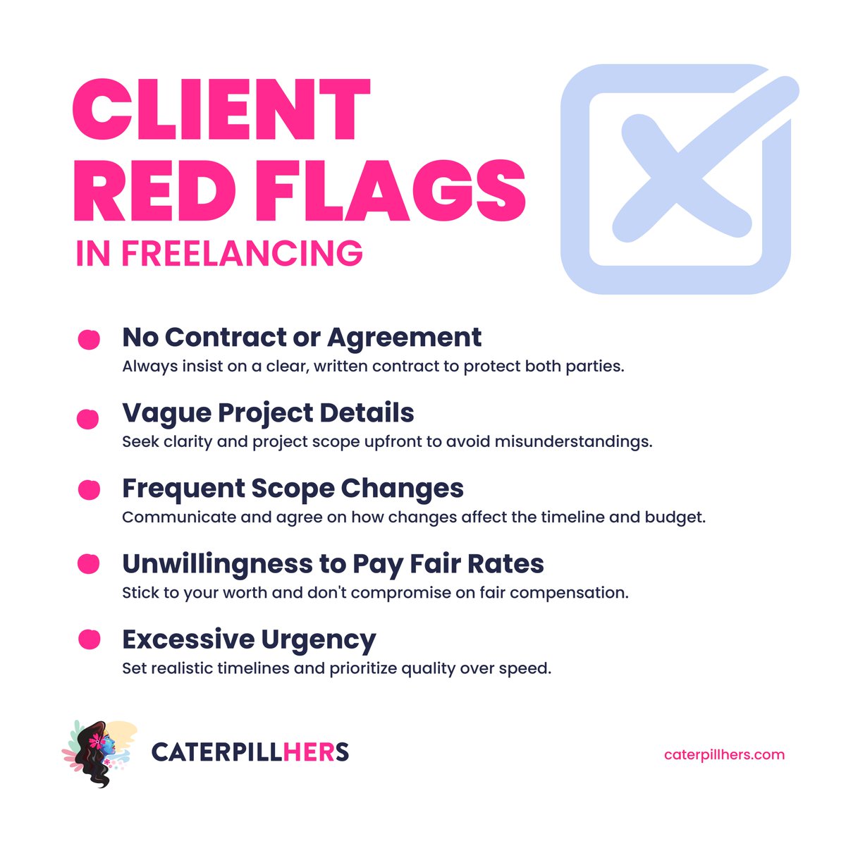 CaterpillHERs's tweet photo. 🚩#Freelancers, beware of these Client Red Flags! 🚩
Don't let them dim your #freelance journey. Learn how to spot and handle them like a pro.
Spot any more red flags to add? Share your insights!
Learn more about @CaterpillHERs here https://t.co/HnD7lFIpQb
#ClientRedFlags https://t.co/UIGrQ3VFdn