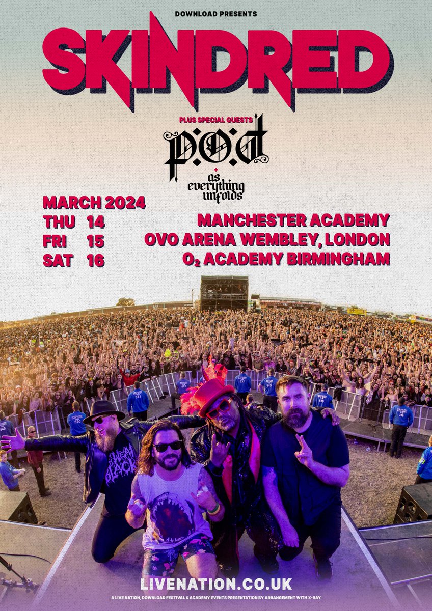 We are extremely excited to announce the addition of the brilliant new British alternative Metal band <a href="/AEUOfficial/">As Everything Unfolds</a> who will be joining us &amp; our very special Guests P.O.D. on our Manchester , London &amp; Birmingham shows next year.
Grab tickets from
skindred.net/#live