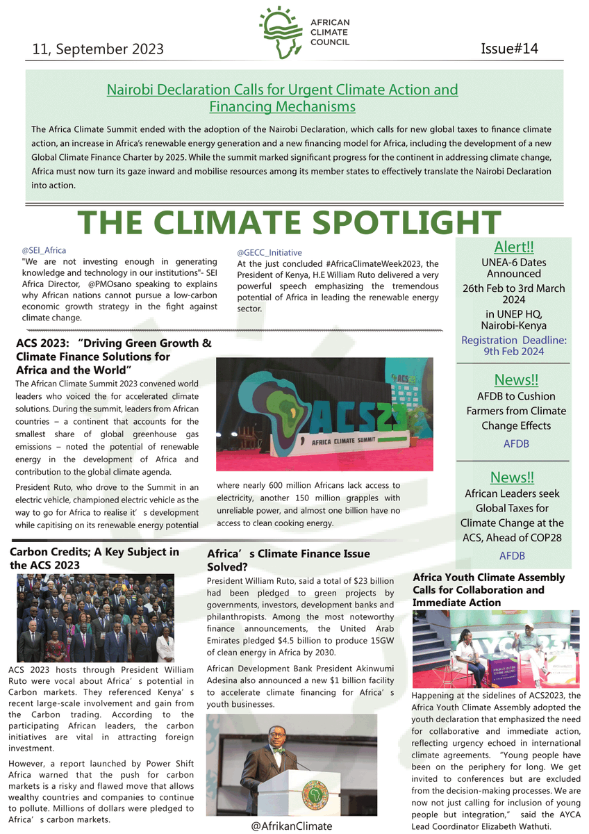 Theshi_ft's tweet photo. The first-ever Africa Climate Summit ended last week with a call for world leaders to back global taxes to finance #Climate action and financial reforms to help #African countries 

📰Find more highlights from #ACS23 on the #ClimateSpotlight https://t.co/ndM3QoWAI1