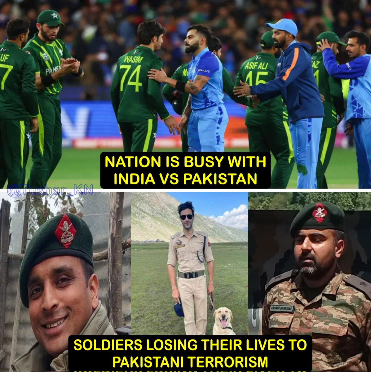 Prtabassummedia's tweet photo. पाकिस्तान के साथ मैच जरूरी है या जवानों की जान? #JammuAndKashmir #Kota #Tiger3Diwali2023 #AzamKhan #Aliens #SanyaMalhotra #Kokarnag #अनंतनाग #terrorists #TerrorAtack #Rajouri #RajouriEncounter #JammuKashmir #JammuKashmirPolice #Pakistan #Anantang #IndianArmy #Encounter https://t.co/IVOSUP4od6