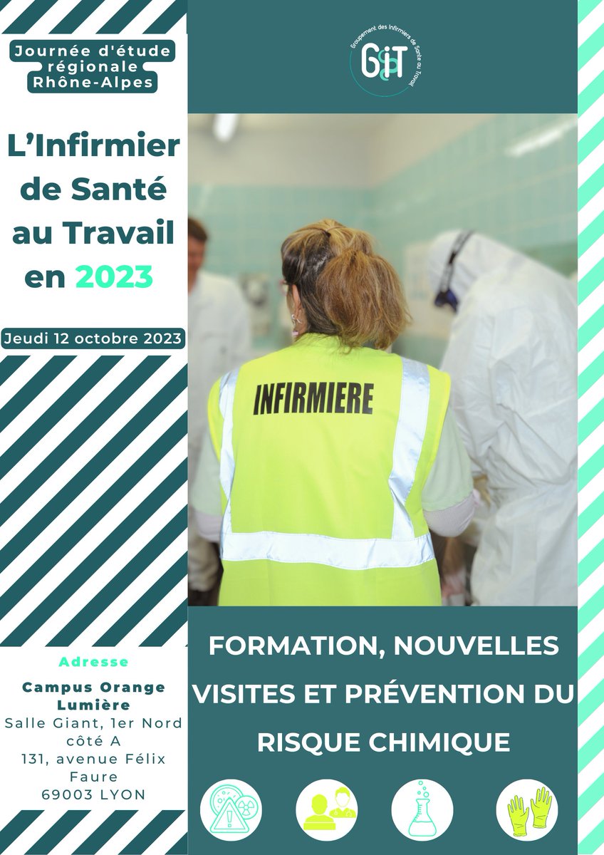Groupement_IST's tweet image. GIT Rhône-Alpes vous invite à une nouvelle Journée d’Etude Régionale dédiée à la #formation des #Infirmiers de #santétravail et la #prévention liée aux #risques #chimiques 
Pour s'inscrire, merci d'envoyer un mail à contact-rhone@git-france.org en répondant au formulaire👇