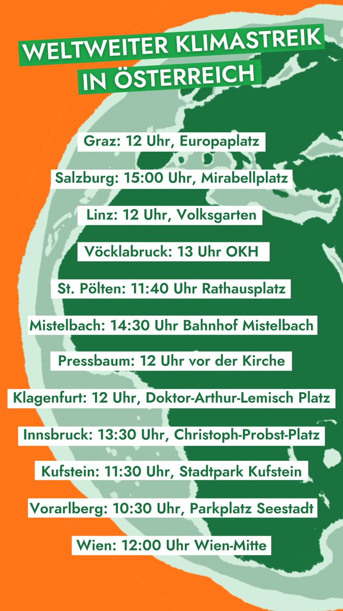 ViennaForFuture's tweet photo. Und: Wir streiken morgen an insgesamt 12 Orten und Städten Österreichs! Alle Treffpunkte findet ihr hier: https://t.co/hSYjU7VCQW https://t.co/pOKfKJJdil