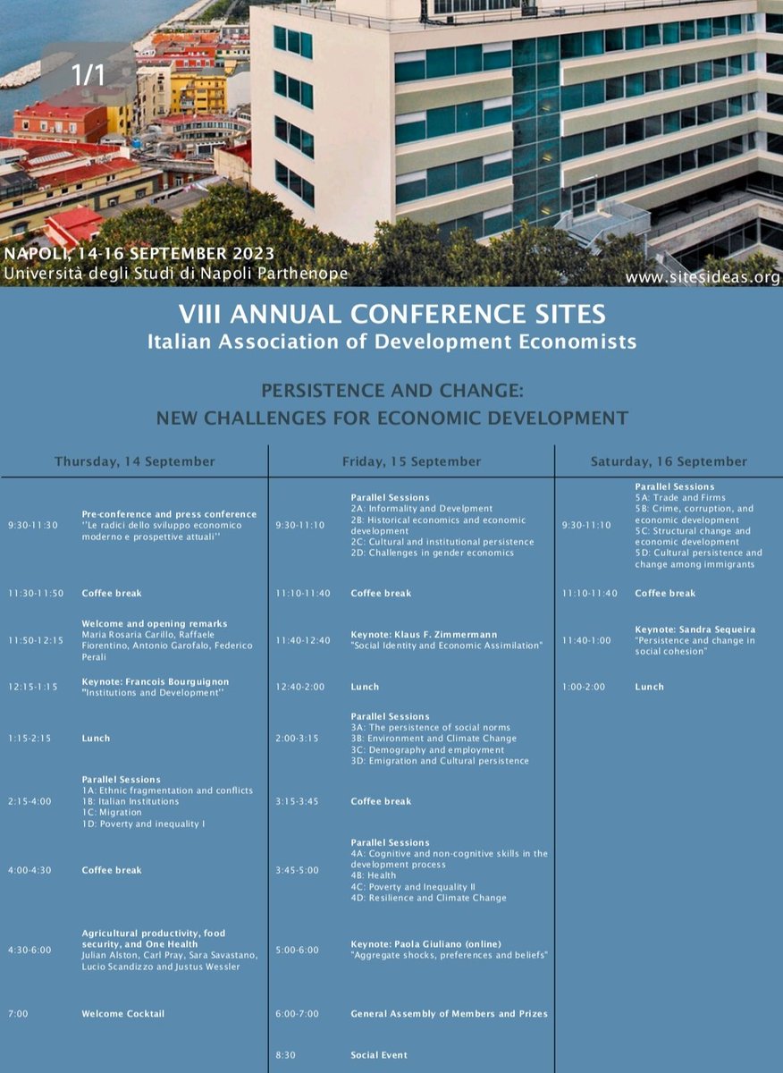 DISAEparthenope's tweet photo. It is a pleasure to host the VIII Annual Conference #SITES 14-16 Sept 2023 at Palazzo Pacanowski. Keynote speakers: F. Bourguignon @kfzimmermann @SMGSequeira P. Giuliano - @Sites_DevEcon #DISAE #ISMedCNR #EconTwitter https://t.co/ZLHWXS77Cd