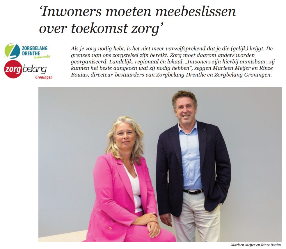 Mooi artikel vandaag in <a href="/dvhn_nl/">Dagblad van het Noorden</a>: Marleen Meijer van <a href="/ZorgbelangD/">Zorgbelang Drenthe</a> en onze directeur-bestuurder Rinze Bouius over hoe belangrijk het is dat inwoners kunnen meepraten over de toekomst van de zorg. Zij kunnen immers het beste aangeven wat ze nodig hebben!
zorgbelang-groningen.nl/inwoners-moete…