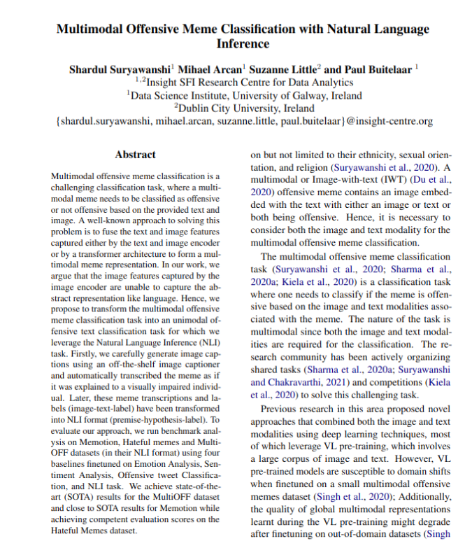 We will present our paper '#Multimodal #Offensive_Meme Classification with #Natural_Language_Inference' (from 17:00 - 17:30 CEST) at @LDKconference! 📚✨ Please stop by if you are attending! #NLProc #AI @galwayDSI @UNLP_Galway