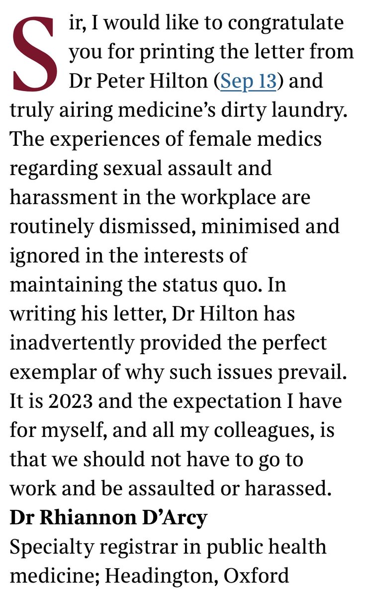 Superb response to odious dinosaur misogynist Peter Hilton in today’s ⁦@thetimes⁩. Particularly for anyone minimising, belittling, disputing or denying women’s testimony of NHS workplace misogyny & assault (& wow they’ve been out in force on here) 👇