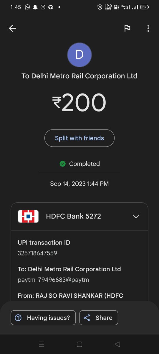 Raj272002's tweet photo. Today at Kirti nagar metro station i paid 200rs to recharge my card but suddenly the QR in which i did payment got declined kindly refund my amount
@OfficialDMRC https://t.co/ECiKR4I17c