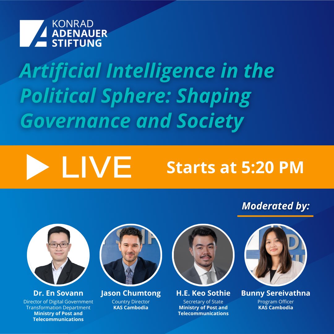 KAScambodia's tweet photo. Join us today for a panel discussion focusing on the role of artificial intelligence in politics, governance and society. If you cannot make it to the event physically, you can also watch our Facebook livestream which will start at 5:20 pm. https://t.co/2w8dce16Mo
