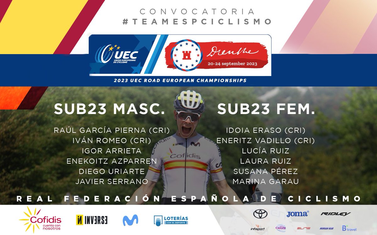 #EuroRoad23 | 📋 Convocatoria del #TeamESPciclismo 🇪🇸 Sub23 de cara al Campeonato de Europa de Drenthe 

📅 Disputarán la CRI el miércoles 20 y la prueba en línea el viernes 22 de septiembre

Toda la info 🔗 t.ly/hahnm