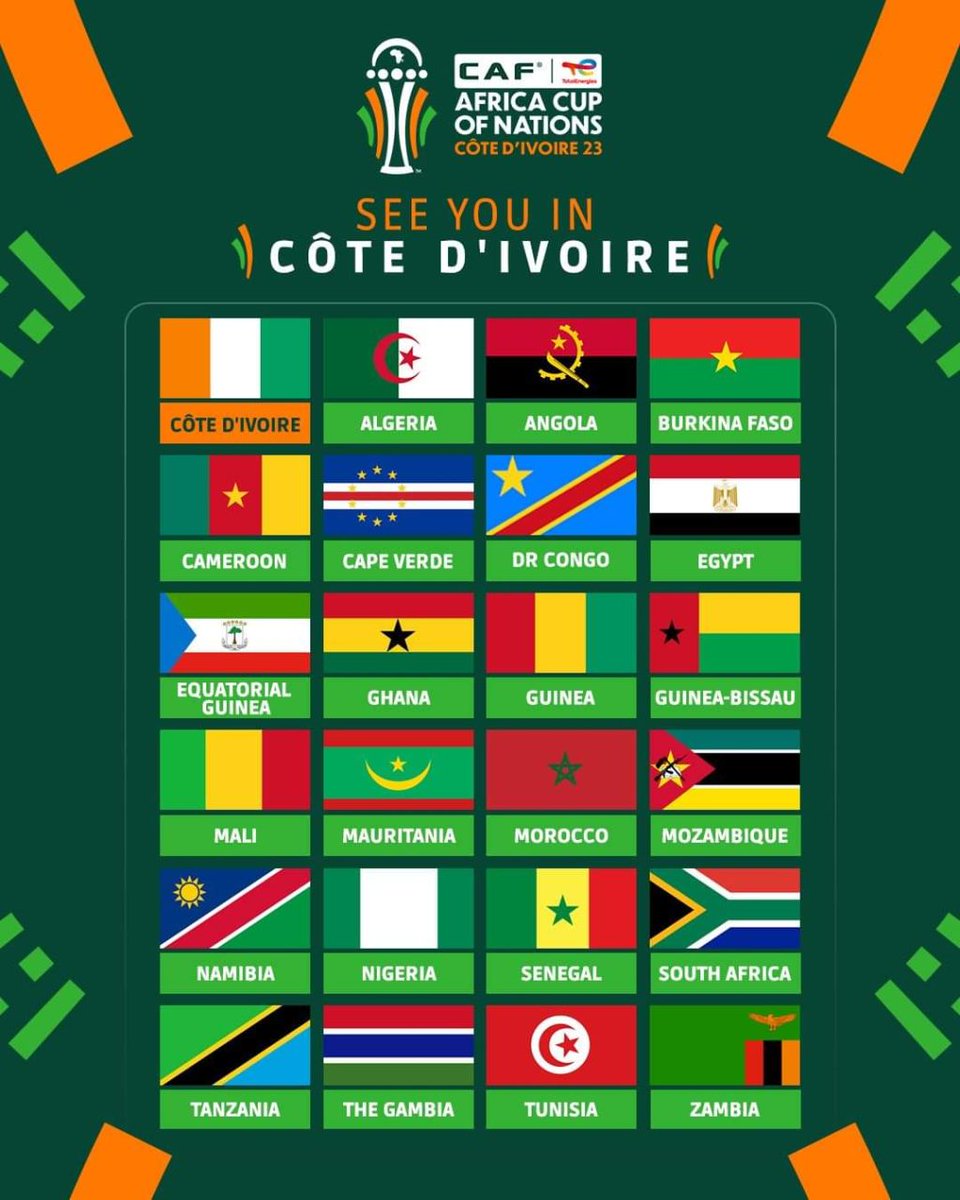 #CAN2023 #CIV225 #EliminatoiresCAN2023 #TotalEnergiesAFCONQ2023
𝗟𝗲𝘀 𝟮𝟰 𝗾𝘂𝗮𝗹𝗶𝗳𝗶𝗲́𝘀 𝗽𝗼𝘂𝗿 𝗹𝗮 𝗖𝗔𝗡
Rdv en Côte d'Ivoire  📷
𝗱𝘂 𝟭𝟯 𝗷𝗮𝗻𝘃𝗶𝗲𝗿 𝗮𝘂 𝟭𝟭 𝗳𝗲́𝘃𝗿𝗶𝗲𝗿 𝟮𝟬𝟮𝟰