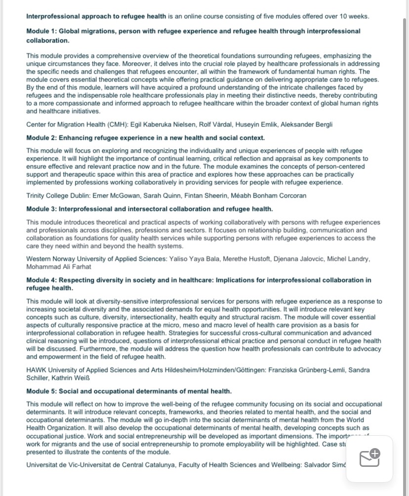 @TCD_OT are delighted to be involved in delivering this free, 6-week, online course titled: Interprofessional Approach to Refugee Health @ePREPglobal This is Collaboration between TCD &amp; European partners. Register at: forms.office.com/Pages/Response…