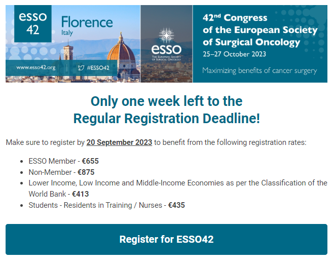 📢Final week of the Regular registration deadline for #ESSO42! 🔔 20 Sep 2023 🔗esso42.org @asgbi @BASO_ACS @SurgeryWomen @SOS_Pk @ASiTofficial @Cerrahi_Onko @sbco_oficial @SFCOnco @operarelcancer @EYSAC1 @ejsotweets